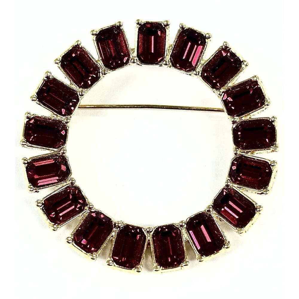 SIGNED Monet Red Rhinestone Circle Brooch Gold Statement Pin Vintage Glam Bold